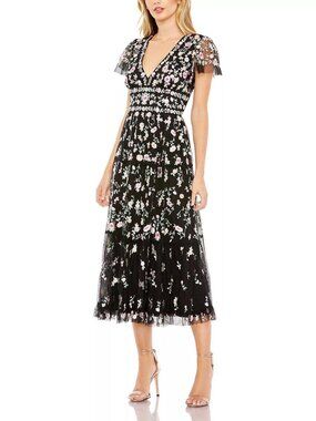 MAC DUGGAL Black Multicolor Embroidered V Neck Cap Sleeve Midi Dress 8 NWOT
